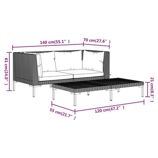 3-Delige Loungeset Halfrond Poly Rattan Donkergrijs