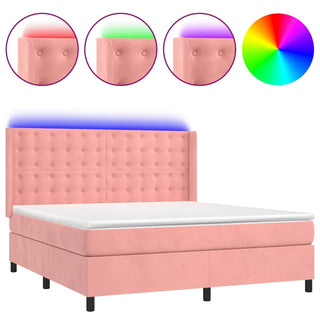 Boxspring Met Matras En Led Fluweel Roze 180X200 Cm