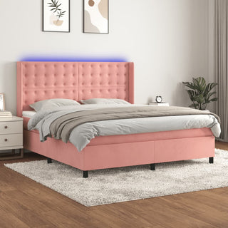 Boxspring Met Matras En Led Fluweel Roze 180X200 Cm