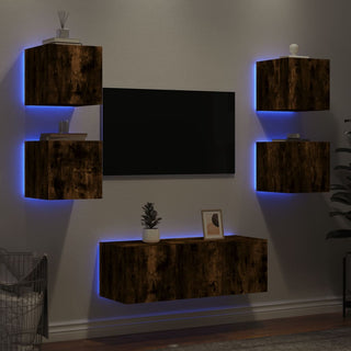 6-Delige Tv-Wandmeubelset Met Led Bewerkt Hout