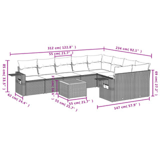 10-Delige Loungeset Met Kussens Poly Rattan Grijs